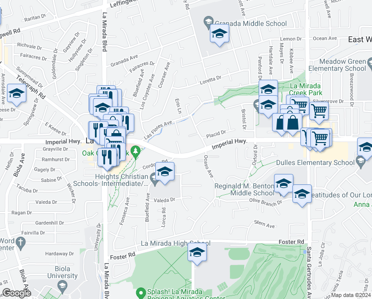 map of restaurants, bars, coffee shops, grocery stores, and more near 15229 Imperial Highway in La Mirada
