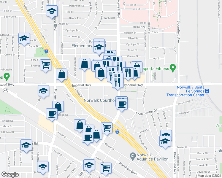 map of restaurants, bars, coffee shops, grocery stores, and more near 12116 Imperial Highway in Norwalk