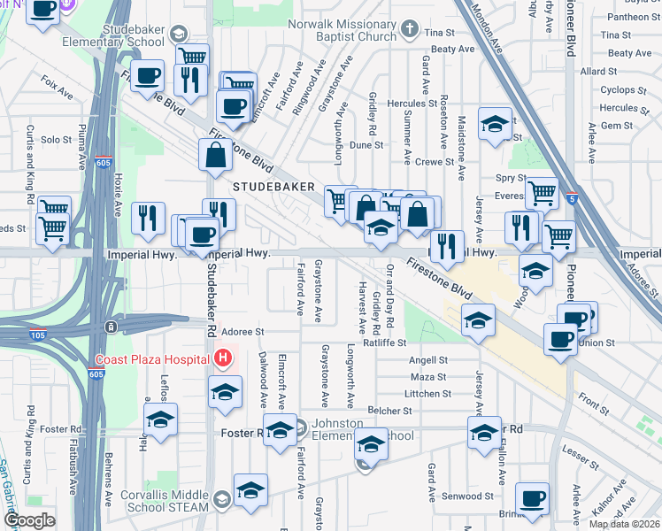 map of restaurants, bars, coffee shops, grocery stores, and more near 12613 Longworth Avenue in Norwalk