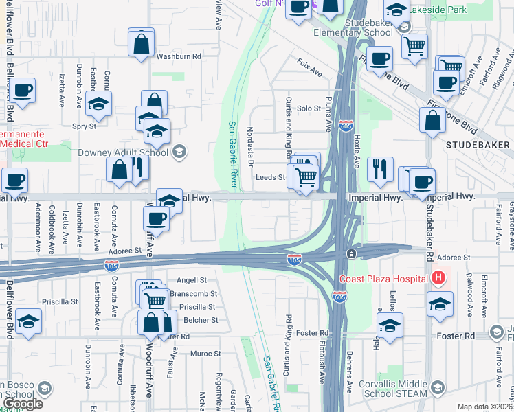 map of restaurants, bars, coffee shops, grocery stores, and more near 10420 Imperial Highway in Norwalk