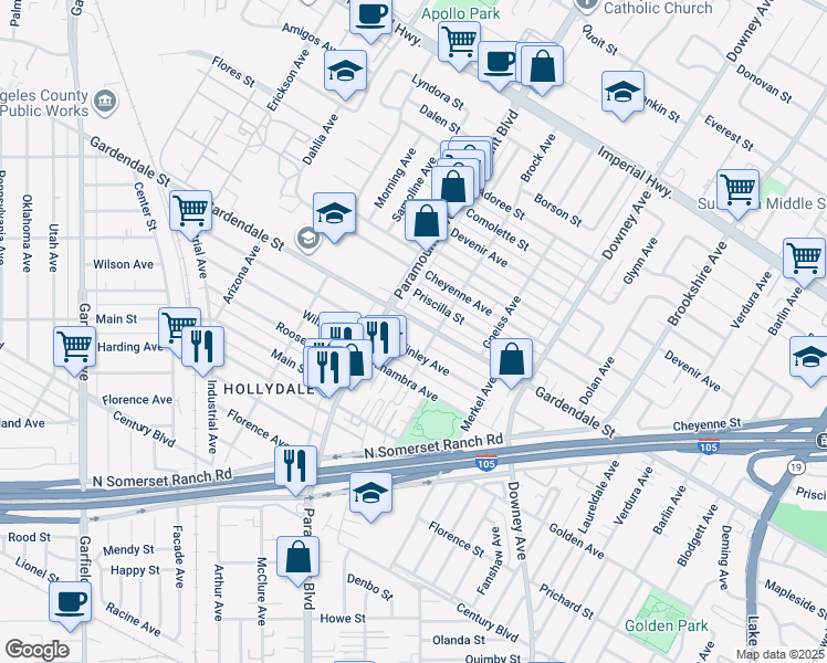 map of restaurants, bars, coffee shops, grocery stores, and more near 8027 McKinley Avenue in Paramount