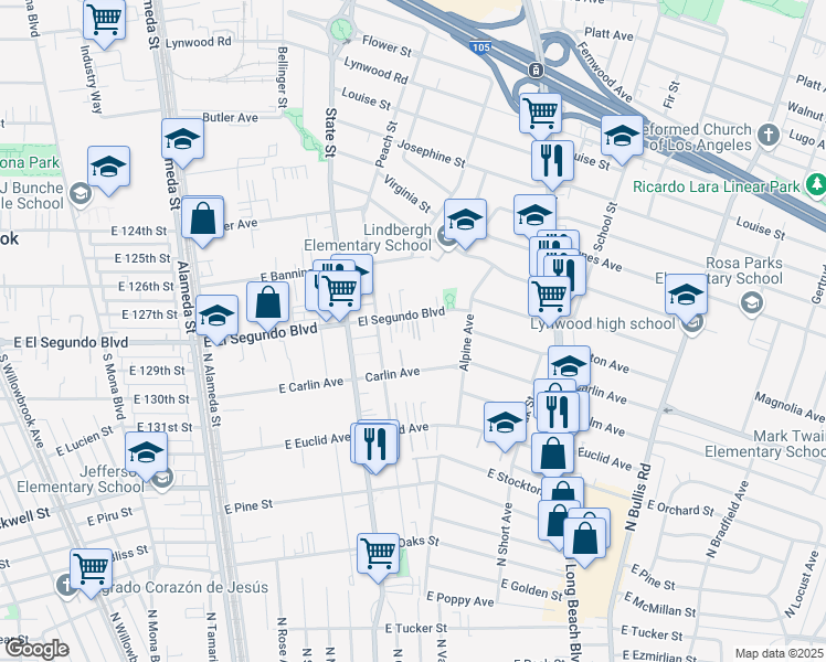 map of restaurants, bars, coffee shops, grocery stores, and more near 3170 El Segundo Boulevard in Lynwood
