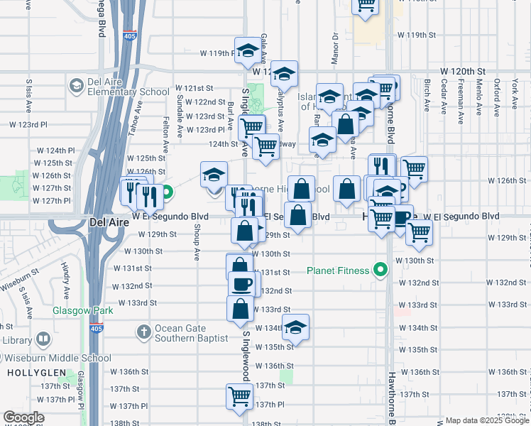 map of restaurants, bars, coffee shops, grocery stores, and more near 4743 West El Segundo Boulevard in Hawthorne