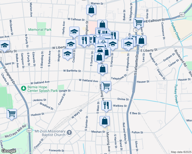 map of restaurants, bars, coffee shops, grocery stores, and more near 14 West Bartlette Street in Sumter