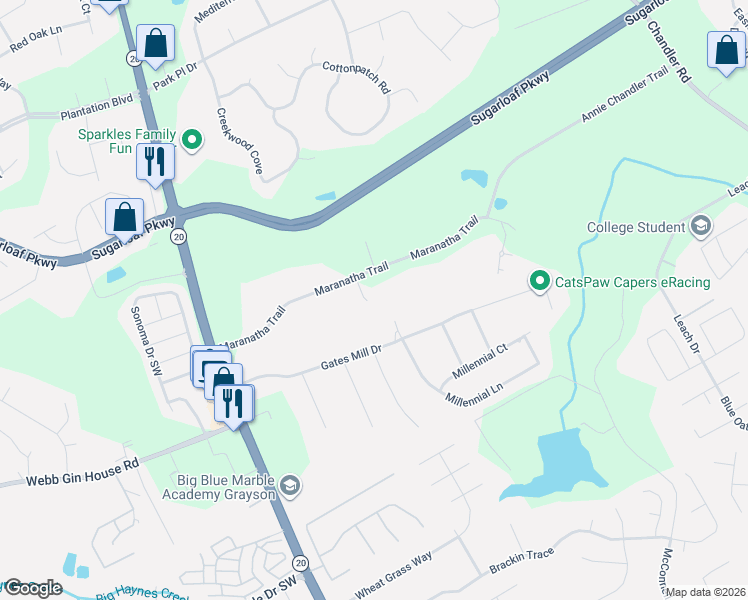 map of restaurants, bars, coffee shops, grocery stores, and more near 171 Maranatha Trail in Lawrenceville