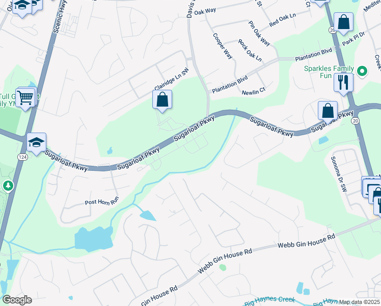 map of restaurants, bars, coffee shops, grocery stores, and more near Gray Branch Court in Lawrenceville