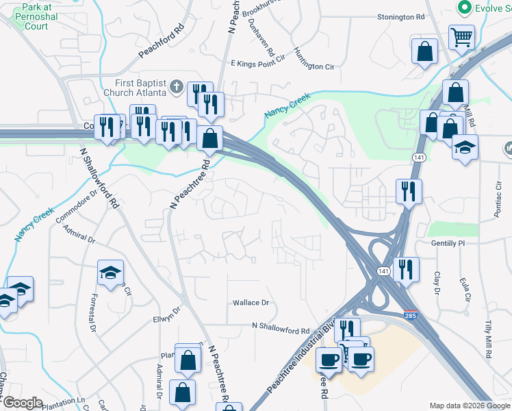 map of restaurants, bars, coffee shops, grocery stores, and more near 4275 Perimeter Park East in Atlanta