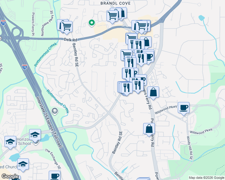 map of restaurants, bars, coffee shops, grocery stores, and more near 1416 Old Virginia Court Southeast in Marietta