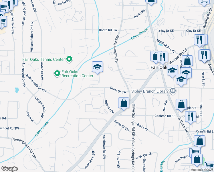 map of restaurants, bars, coffee shops, grocery stores, and more near 123 Saine Drive Southwest in Marietta