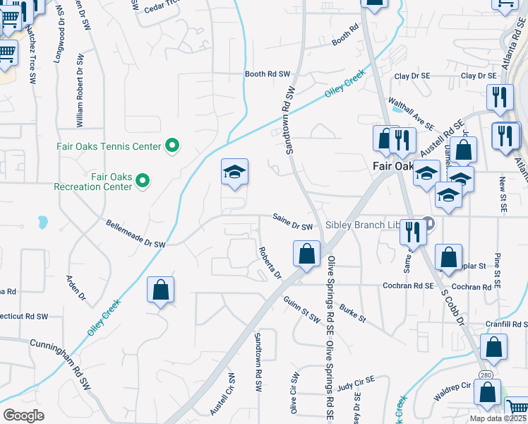 map of restaurants, bars, coffee shops, grocery stores, and more near 90 Saine Drive Southwest in Marietta