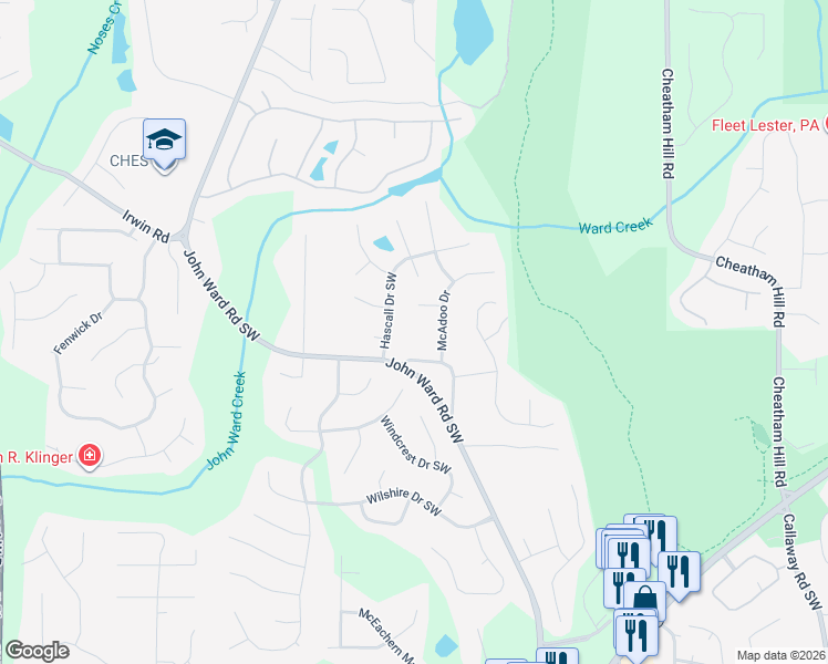 map of restaurants, bars, coffee shops, grocery stores, and more near 1493 McAdoo Drive in Marietta
