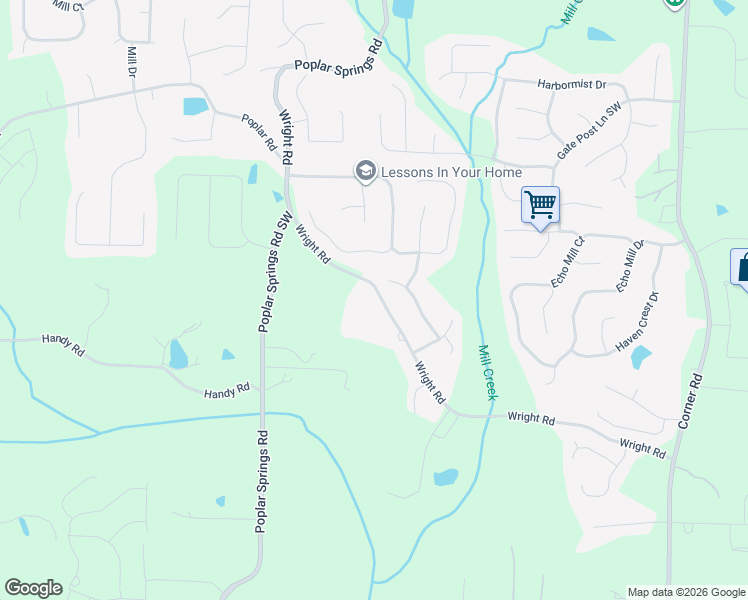 map of restaurants, bars, coffee shops, grocery stores, and more near 5697 Wright Road in Powder Springs