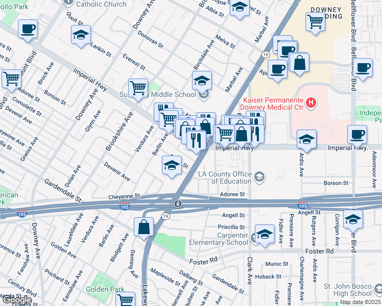 map of restaurants, bars, coffee shops, grocery stores, and more near 12631 Lakewood Boulevard in Downey