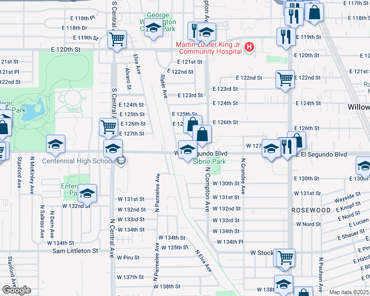 map of restaurants, bars, coffee shops, grocery stores, and more near 1513 West El Segundo Boulevard in Compton