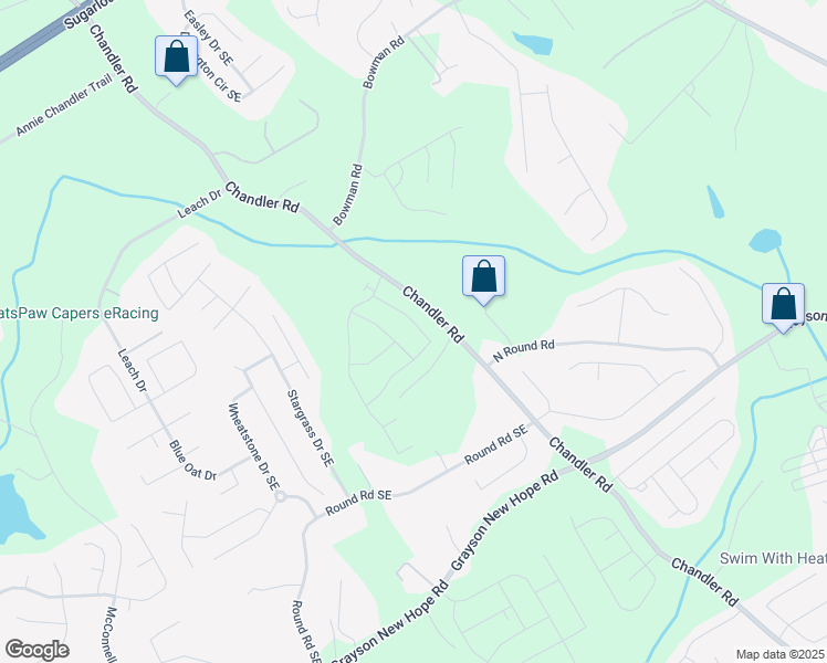 map of restaurants, bars, coffee shops, grocery stores, and more near 1645 Chandler Road in Lawrenceville
