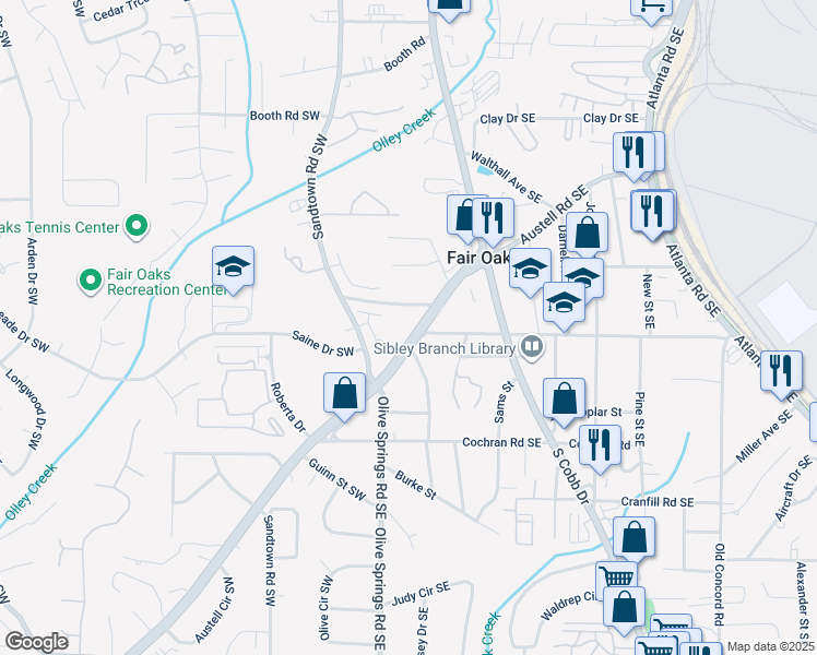 map of restaurants, bars, coffee shops, grocery stores, and more near 1500 Austell Road Southeast in Marietta