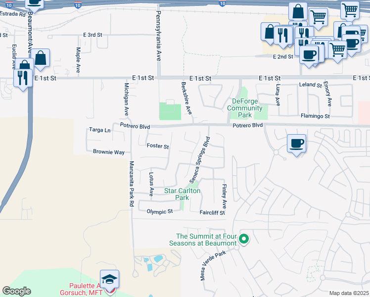 map of restaurants, bars, coffee shops, grocery stores, and more near 1368 Aztec Court in Beaumont