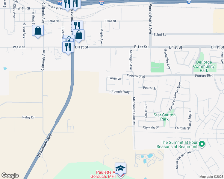 map of restaurants, bars, coffee shops, grocery stores, and more near 794 Brownie Way in Beaumont