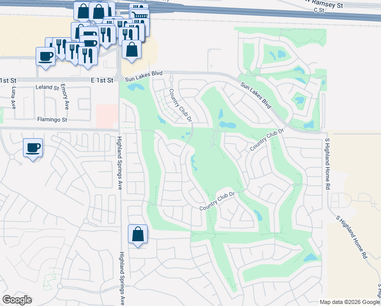 map of restaurants, bars, coffee shops, grocery stores, and more near 945 Laguna Seca Court in Banning
