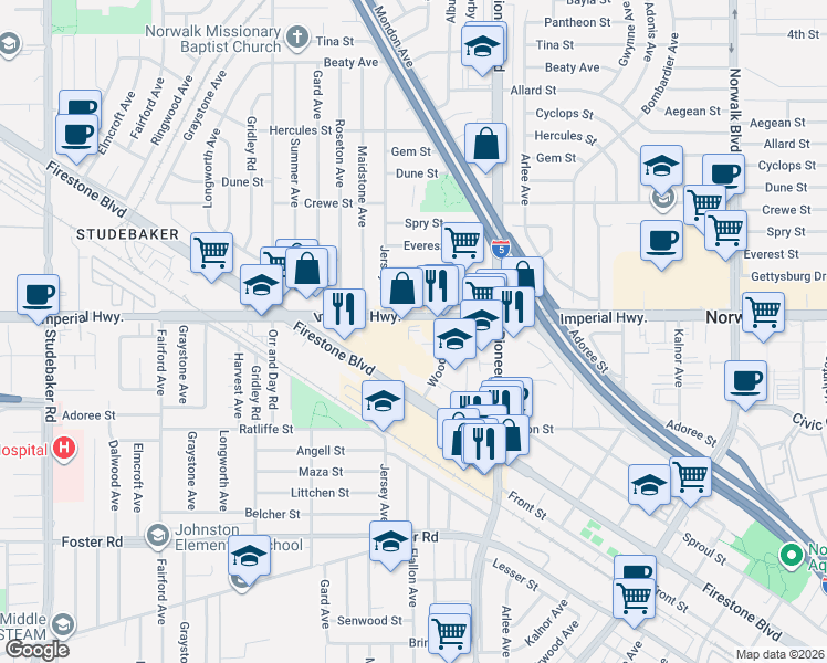 map of restaurants, bars, coffee shops, grocery stores, and more near 11650 Imperial Highway in Norwalk