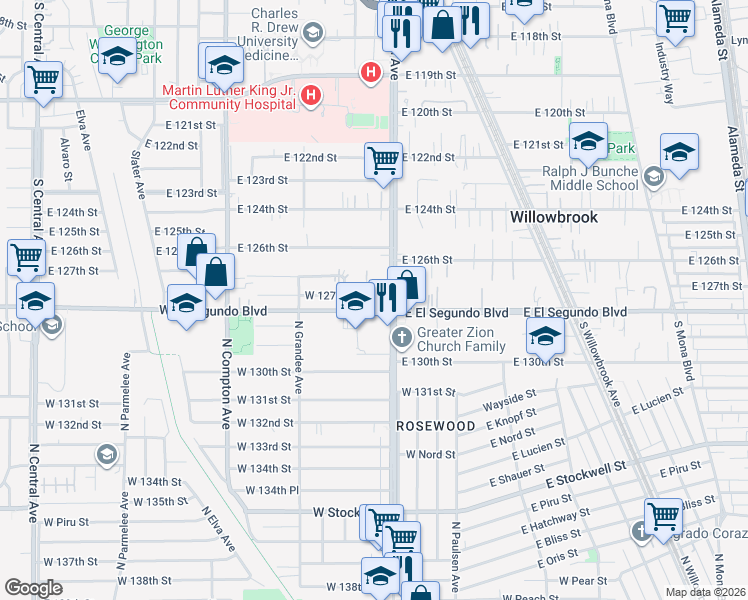 map of restaurants, bars, coffee shops, grocery stores, and more near 828 West 127th Place in Compton