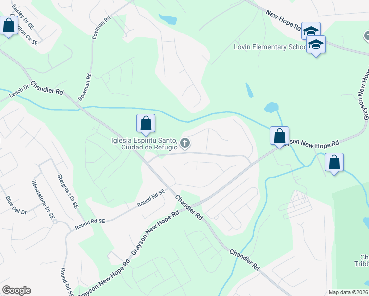 map of restaurants, bars, coffee shops, grocery stores, and more near 1768 North Round Road in Lawrenceville
