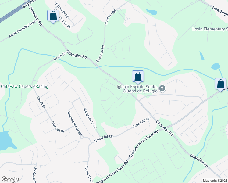 map of restaurants, bars, coffee shops, grocery stores, and more near 1645 Chandler Road in Lawrenceville