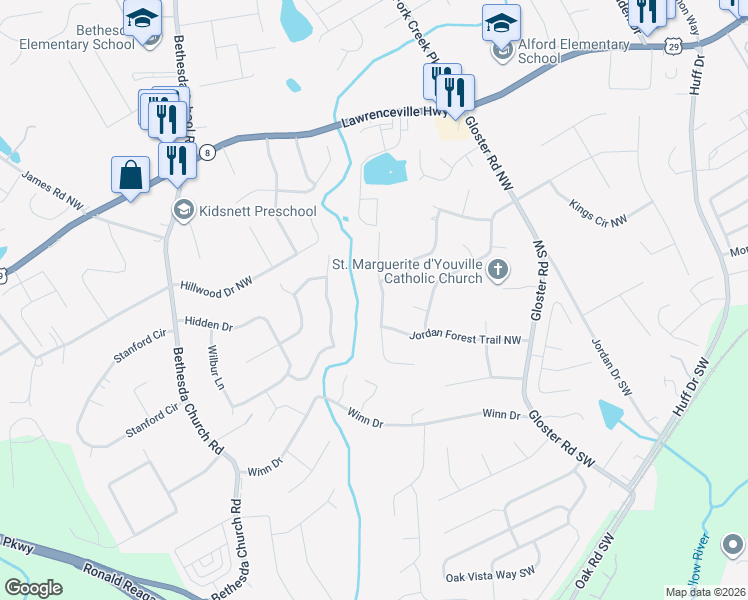 map of restaurants, bars, coffee shops, grocery stores, and more near 140 Saratoga Drive Northwest in Lawrenceville