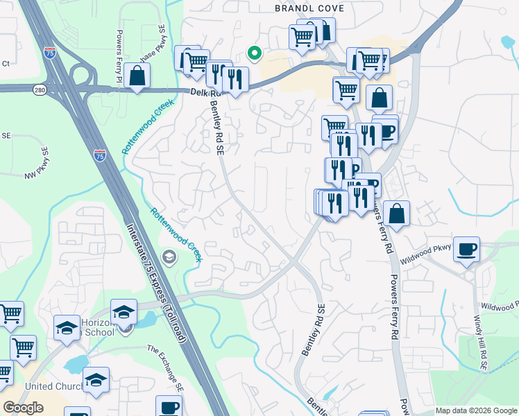 map of restaurants, bars, coffee shops, grocery stores, and more near 1478 Twin Branches Circle Southeast in Marietta