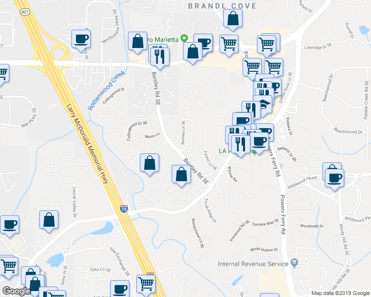 map of restaurants, bars, coffee shops, grocery stores, and more near 1478 Twin Branches Circle Southeast in Marietta