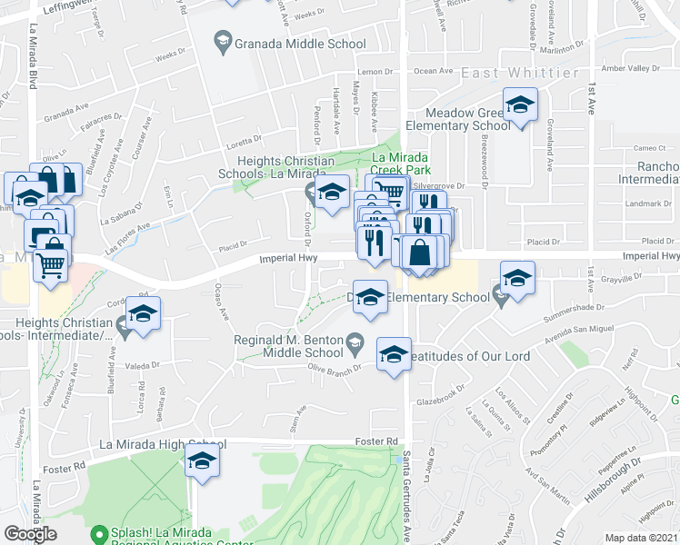 map of restaurants, bars, coffee shops, grocery stores, and more near 12654 Oxford Drive in La Mirada