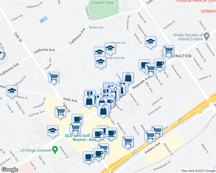 map of restaurants, bars, coffee shops, grocery stores, and more near 3898 Dawes Street in Riverside