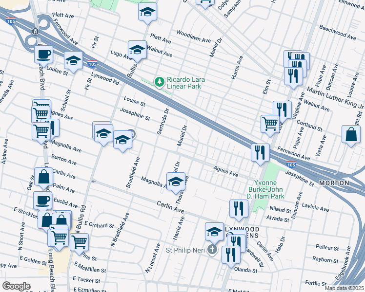 map of restaurants, bars, coffee shops, grocery stores, and more near 4120 Virginia Avenue in Lynwood