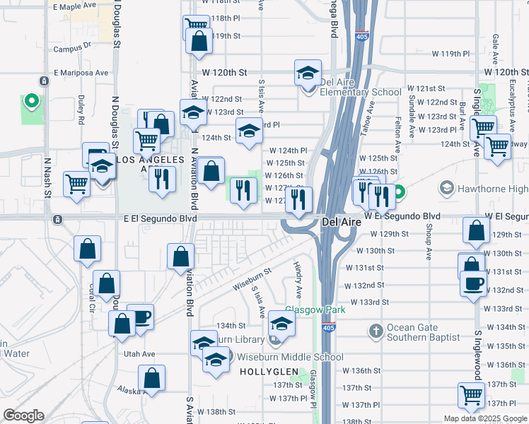 map of restaurants, bars, coffee shops, grocery stores, and more near 5361 El Segundo Boulevard in Hawthorne