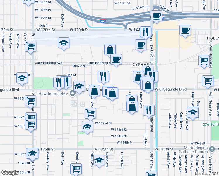 map of restaurants, bars, coffee shops, grocery stores, and more near 3355b West El Segundo Boulevard in Hawthorne