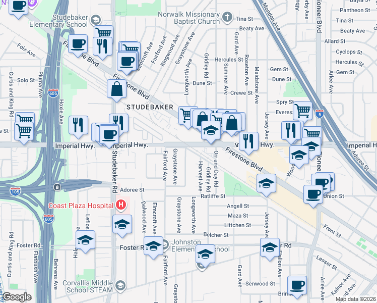 map of restaurants, bars, coffee shops, grocery stores, and more near 12608 Longworth Avenue in Norwalk