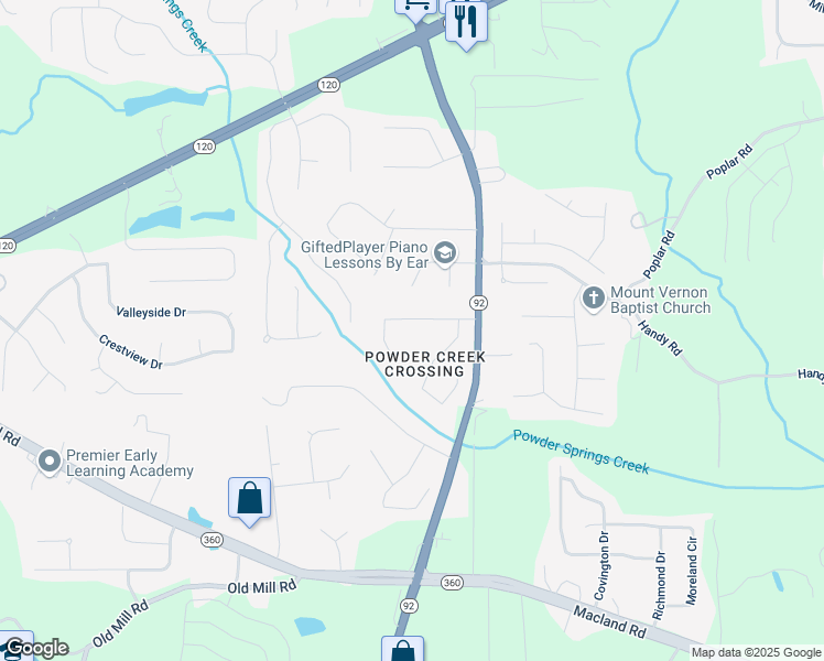 map of restaurants, bars, coffee shops, grocery stores, and more near 145 Powder Creek Drive in Dallas