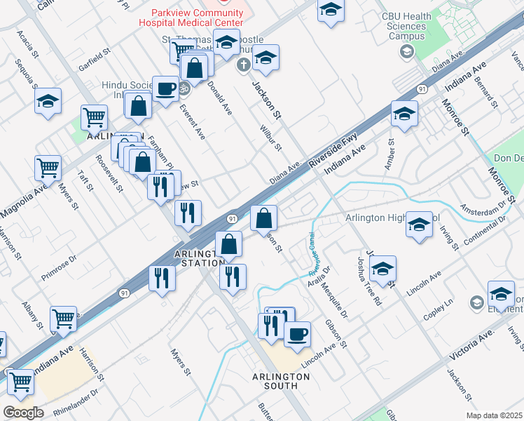 map of restaurants, bars, coffee shops, grocery stores, and more near 9279 Indiana Avenue in Riverside
