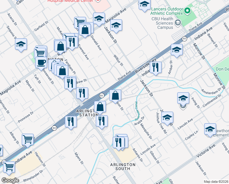 map of restaurants, bars, coffee shops, grocery stores, and more near 9305 Indiana Avenue in Riverside