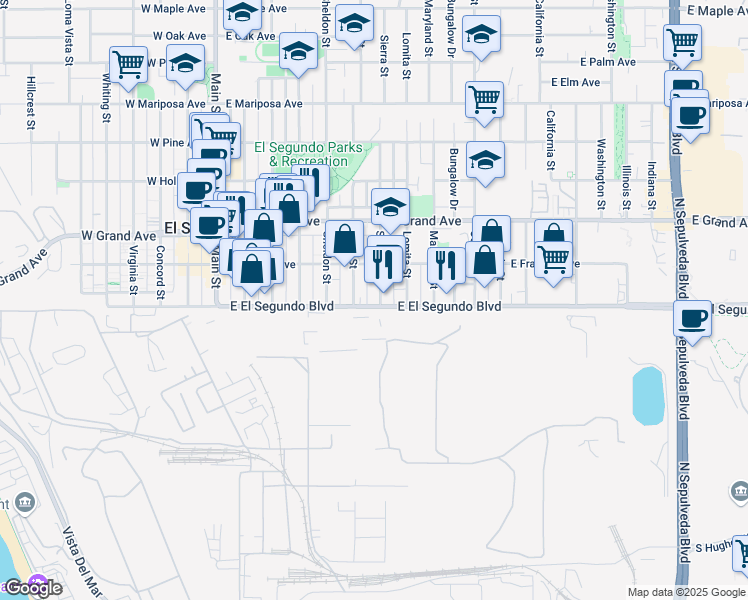 map of restaurants, bars, coffee shops, grocery stores, and more near 713 East El Segundo Boulevard in El Segundo