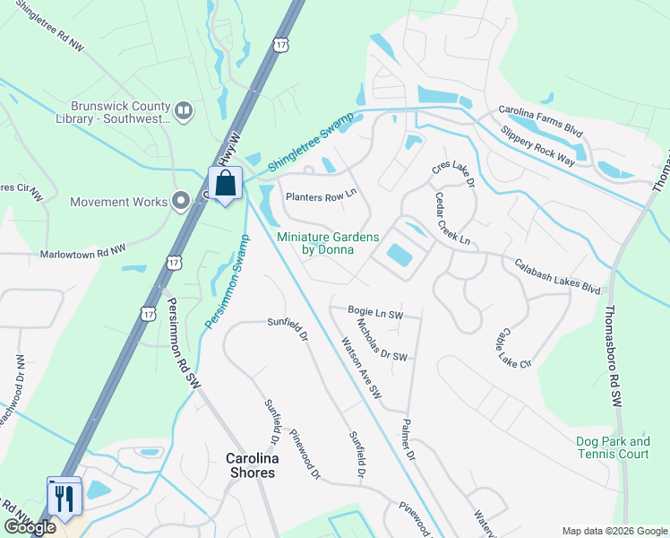 map of restaurants, bars, coffee shops, grocery stores, and more near Watson Ave SW in Calabash