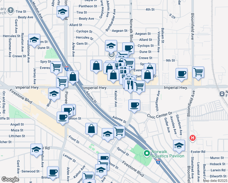map of restaurants, bars, coffee shops, grocery stores, and more near 12038 Imperial Highway in Norwalk