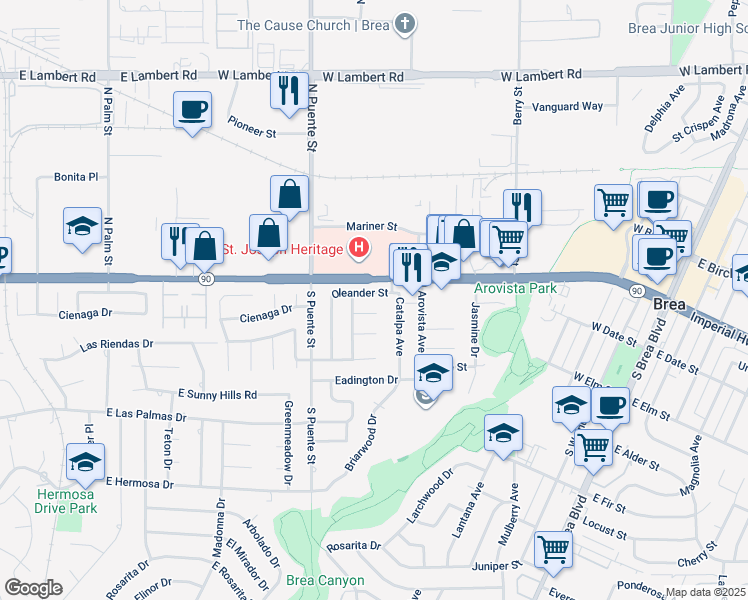 map of restaurants, bars, coffee shops, grocery stores, and more near 924 Oleander Street in Brea