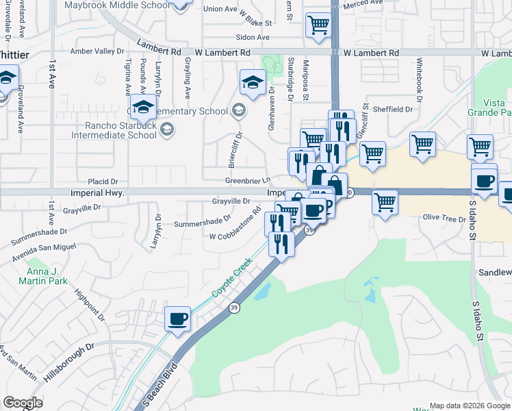 map of restaurants, bars, coffee shops, grocery stores, and more near 2420 Grayville Drive in La Habra