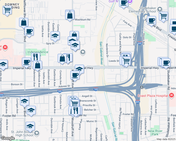 map of restaurants, bars, coffee shops, grocery stores, and more near 10000 Imperial Highway in Downey