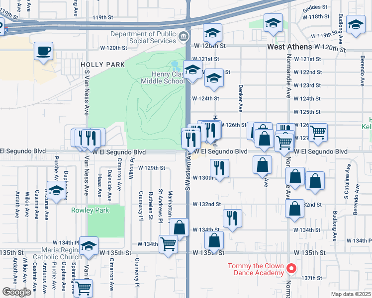 map of restaurants, bars, coffee shops, grocery stores, and more near 2030 South Western Avenue in Gardena