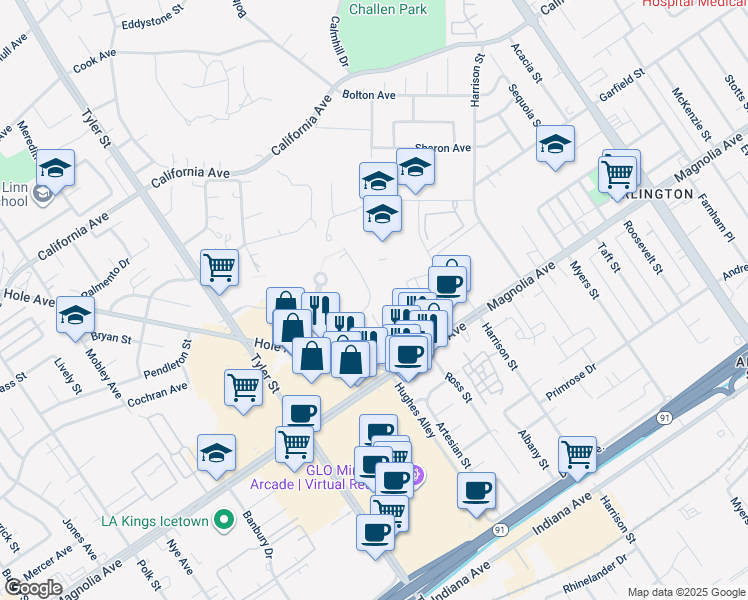 map of restaurants, bars, coffee shops, grocery stores, and more near 3940 Dawes Street in Riverside