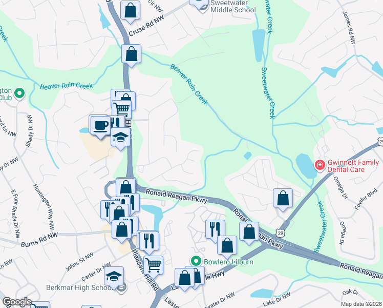 map of restaurants, bars, coffee shops, grocery stores, and more near 3640 Charlton Ives Drive Northwest in Lilburn