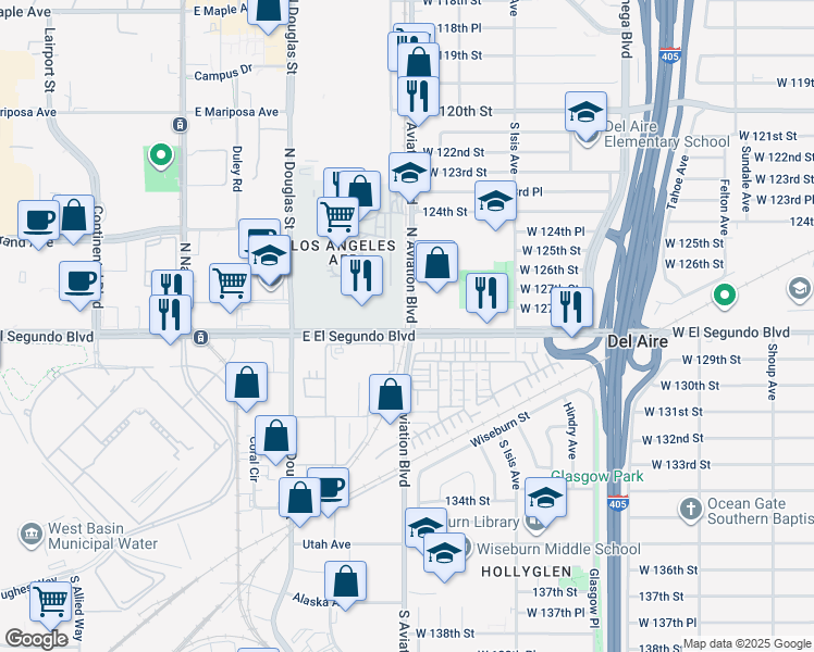 map of restaurants, bars, coffee shops, grocery stores, and more near 5 North Aviation Boulevard in El Segundo