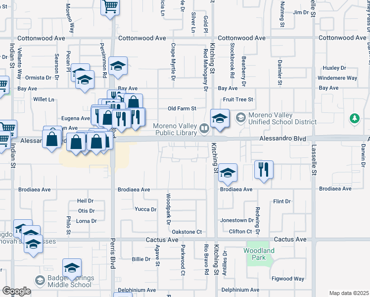 map of restaurants, bars, coffee shops, grocery stores, and more near 25335 Alessandro Boulevard in Moreno Valley